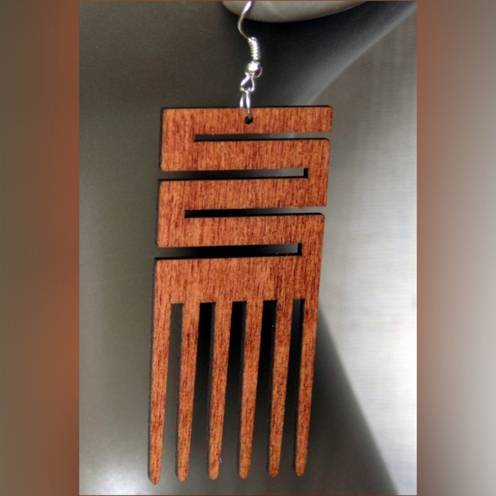 Afro Pick NWT Wooden Earrings